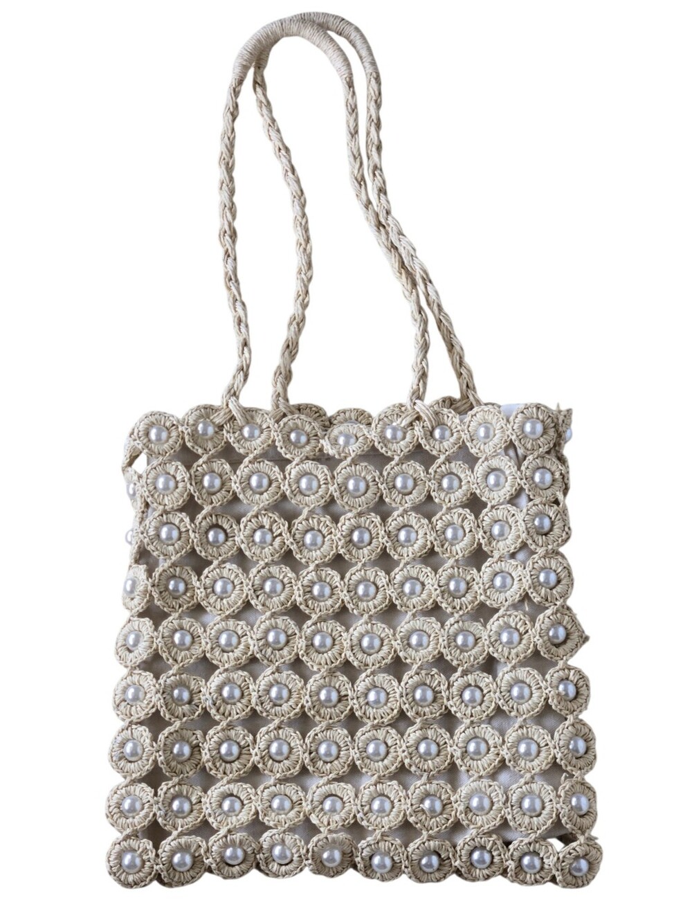 Haute Hippie Knit Crochet Shoulder Bag Pearl Accents Neutral Boho Chic